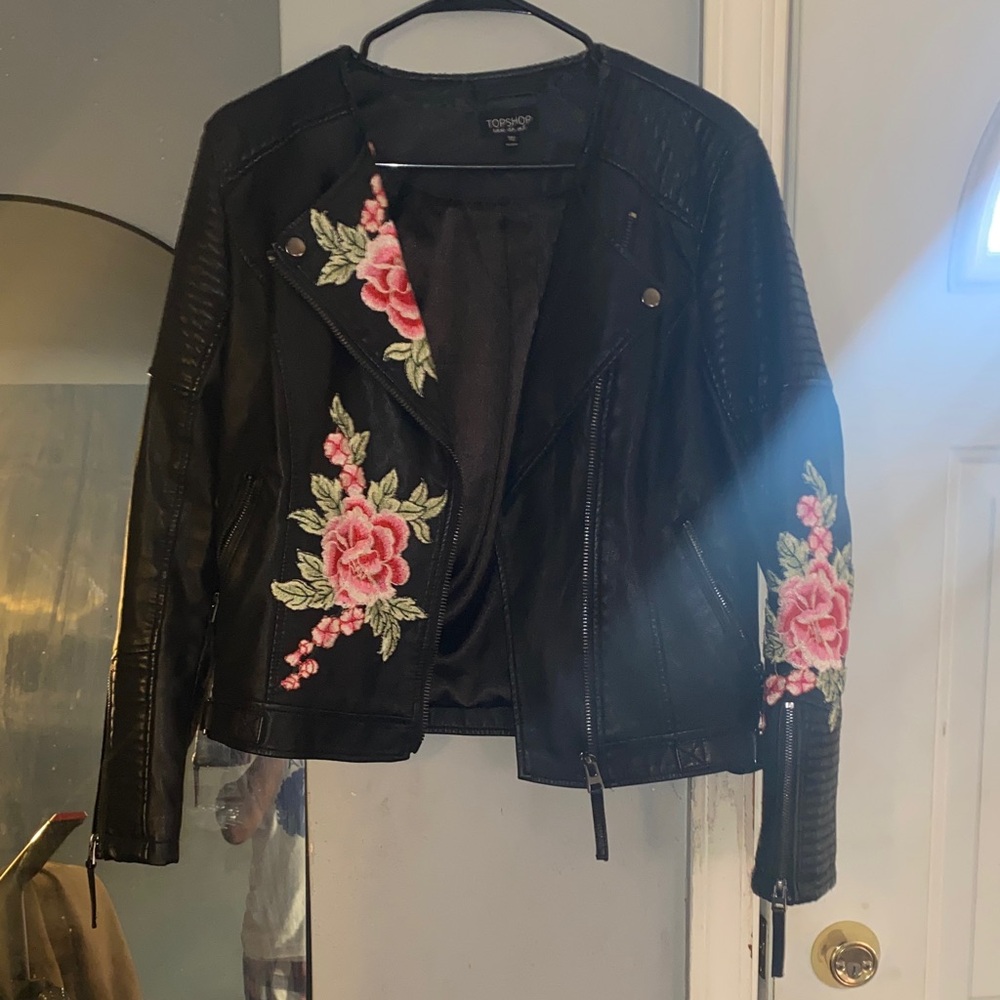 Topshop Black Jacket with Pink Floral Embroidery